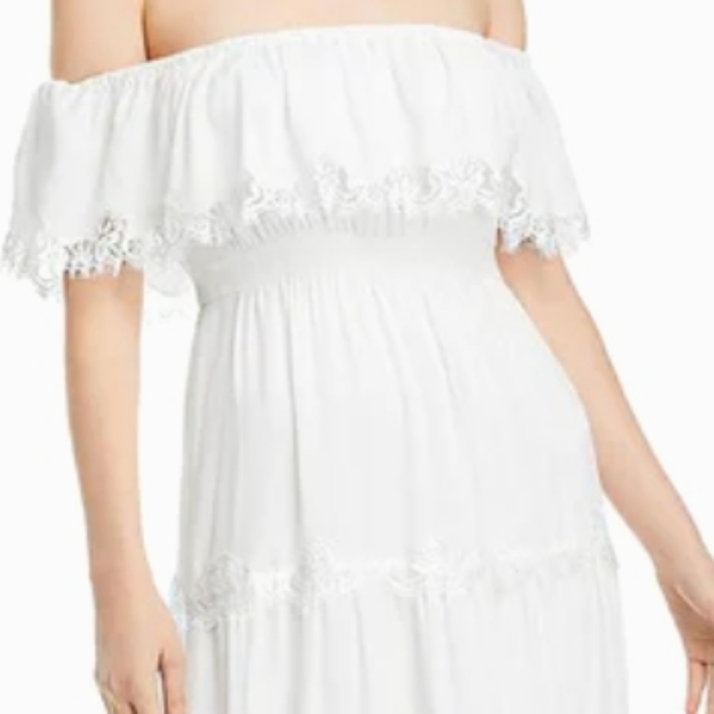 NWT Aqua Formal White Lace Trim Offshoulder Ruffle Maxi Evening Dress - Picture 5 of 14